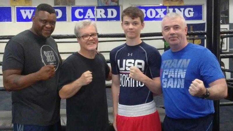 Aaron McKenna with his father Fergal (right), renowned trainer Freddie Roach and Courage Tshabalala, head scout and coach with management company Sheer Sport, at Roach&rsquo;s famous Wild Card Gym