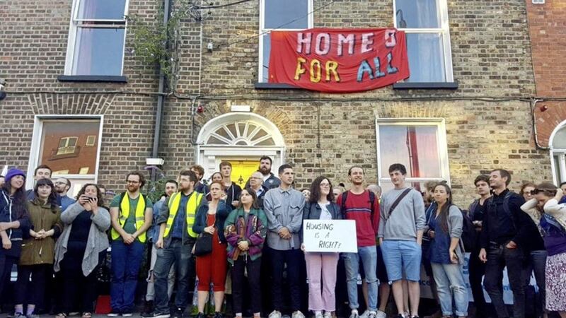 The Summerhill Occupation group during their occupation of a vacant property in Summerhill Parade, Dublin to protest rent hikes and poor housing conditions. Picture by Summerhill Occupation, Press Association 