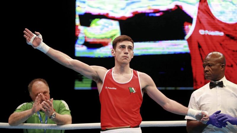 Aidan Walsh celebrates after his victory over Estonia&#39;s Pavel Kamanin at the European Olympic qualifier back in March. Walsh had been due to fight again the following day before the event was postponed as a result of the Covid-19 pandemic. Picture by PA 