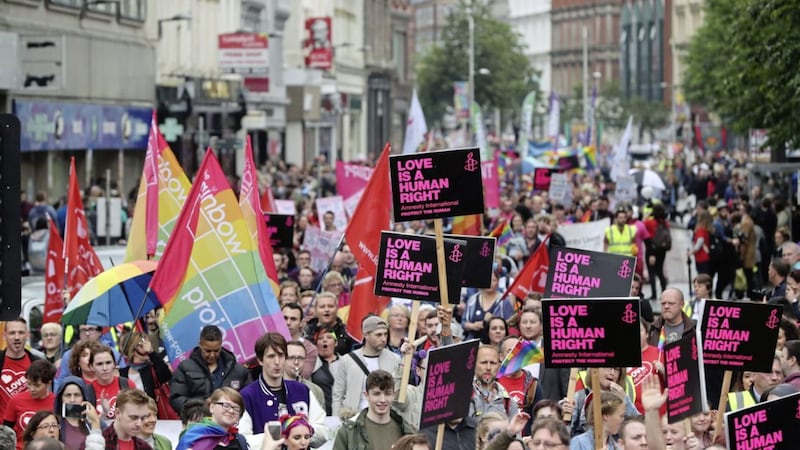 Campaigners calling for the introduction of same sex marriage in Northern Ireland during a parade and rally in Belfast City centre. &nbsp;Niall Carson/PA Wire