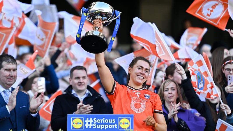 rmagh captain Clodagh McCambridge lifts the cup after the Lidl LGFA National League Division 1 final match between Armagh and Kerry at Croke Park in Dublin. Picture: Stephen Marken/Sportsfile