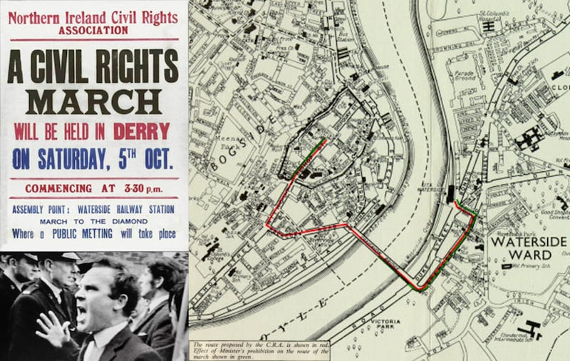 The original route (marked red) of the October 5 civil rights march was from Duke Street to the Diamond via Distillery Brae, Spencer Road, Craigavon Bridge, Abercorn Road and Bishop Street. In the event marchers were not allowed to leave Duke Street&nbsp;