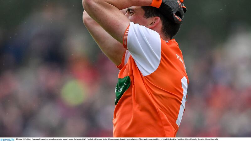 Rory Grugan holds his head in his hands after Armagh&rsquo;s narrow loss to Mayo <br /> in Castlebar&nbsp;Picture by Sportsfile
