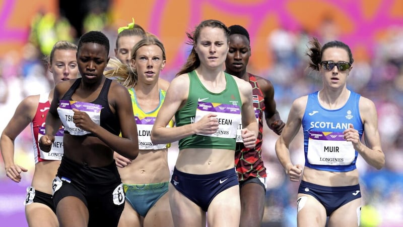 Ciara Mageean (centre) on her way to a silver medal in the Women&#39;s 1500m. Picture by Martin Rickett/PA Wire 