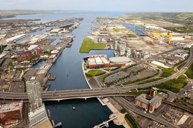 VIEW FROM ABOVE: Aerial view of the Queen&rsquo;s Island and Queen&rsquo;s Quay area of Belfast
