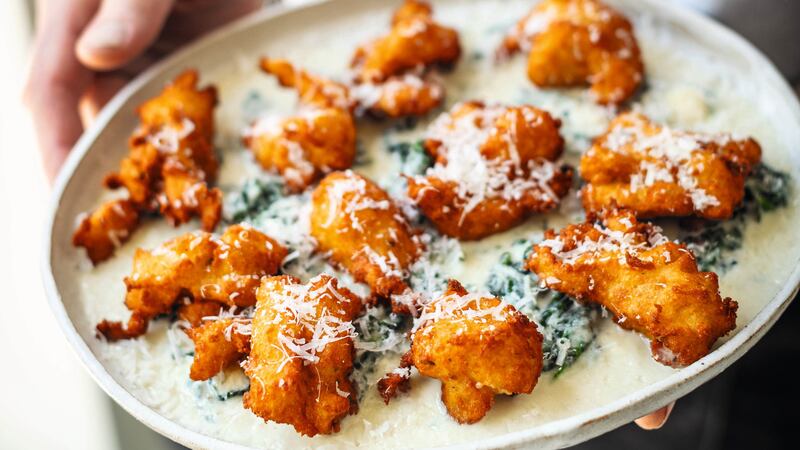 Matt Tebbutt’s Parmesan fritters with Roquefort spinach (Chris Terry/PA)