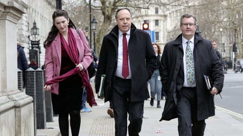 DUP MPs Emma Little Pengelly, Nigel Dodds and Jeffrey Donaldson outside the Cabinet Office in Whitehall on Thursday. 