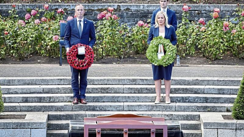 First Minister Paul Givan and Deputy First Minister Michelle O&#39;Neill attend a Somme Ceremony of Commemoration in Dublin to remember those who lost their lives in the battle. Picture by Kelvin Boyes/Press Eye/PA Wire 