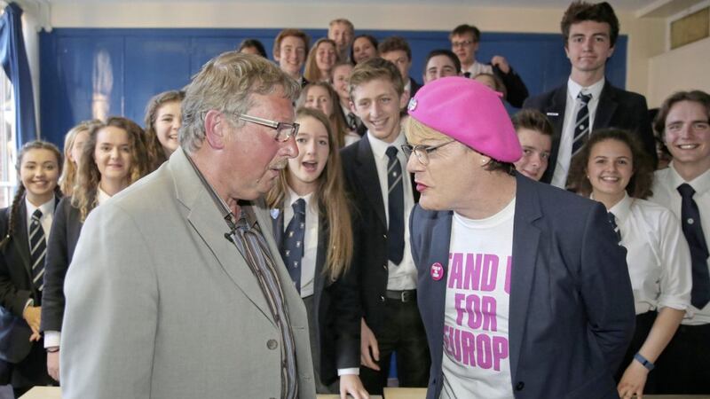DUP MP Sammy Wilson and comedian Eddie Izzard at the Methody College in Belfast in June for a Brexit debate