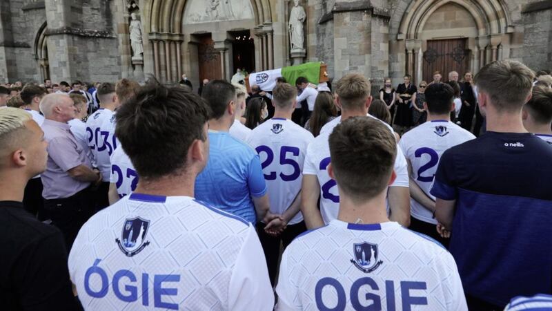 Mourners attend the funeral of Monaghan U20 star Brendan &Oacute;g Duffy at St Macartan&#39;s Cathedral in Monaghan town. Picture by Niall Carson/PA Wire 