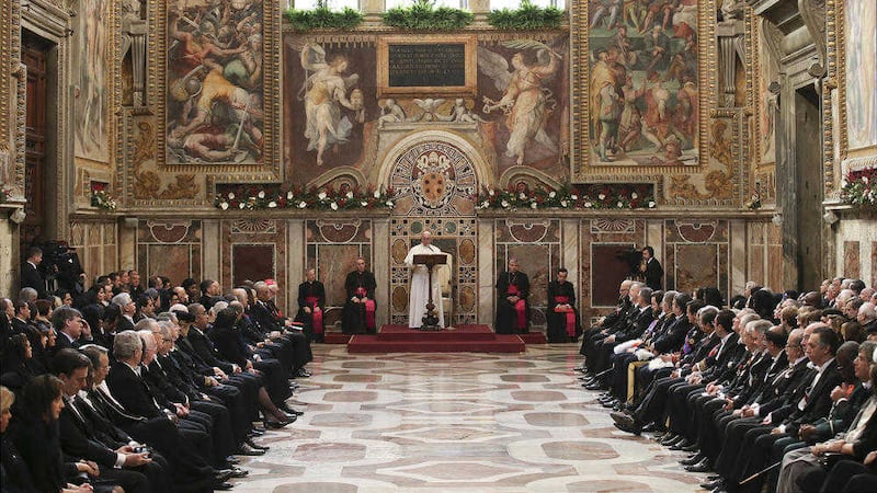 Pope Francis delivers his message during his annual audience with diplomats at the Vatican on Monday January 11 