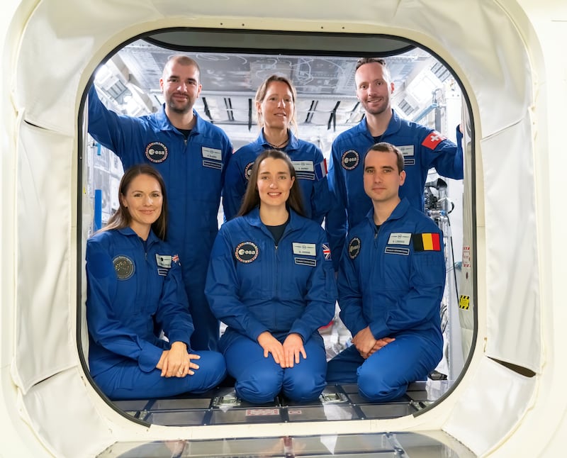 Rosemary Coogan, centre, with colleagues, from left, Sophie Adenot, Pablo Alvarez Fernandez, Raphael Liegeois and Marco Sieber (P Sebirot/ESA)