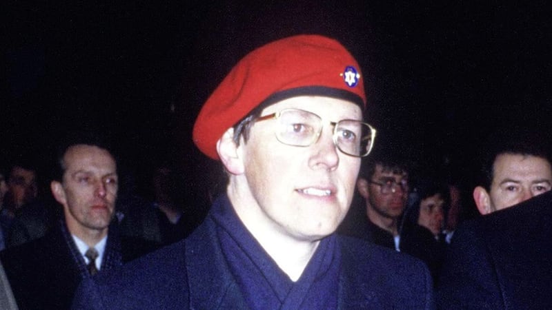 Peter Robinson wearing a red beret at an Ulster Resistance rally in 1986 