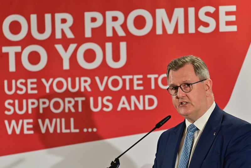 Sir Jeffrey Donaldson speaks at the launch of the DUP's manifesto ahead of local government elections