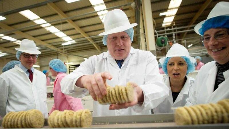 From left Michael Gove, Boris Johnson and Priti Patel visit Farmhouse Biscuits in Nelson, Lancashire, to campaign on behalf of the Vote Leave EU referendum campaign. Picture by Stefan Rousseau/Press Association 