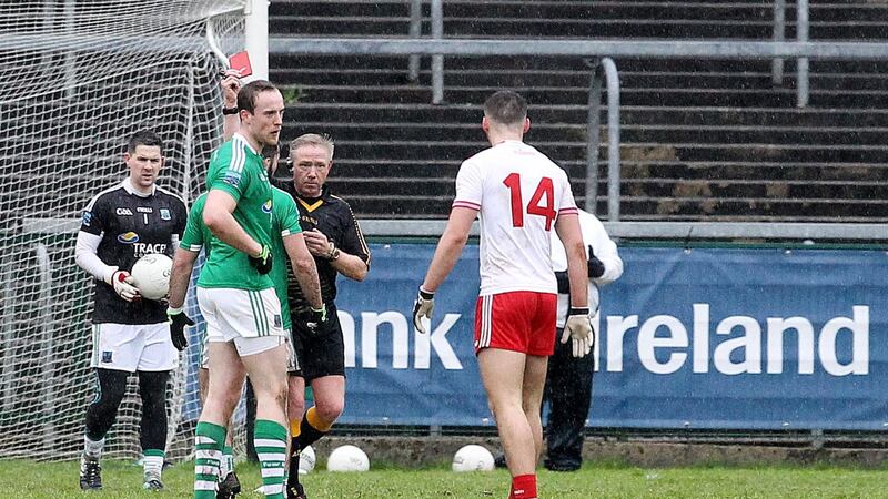 Fermanagh's Kane Connor is red-carded during yesterday's McKenna Cup semi-final against Tyrone