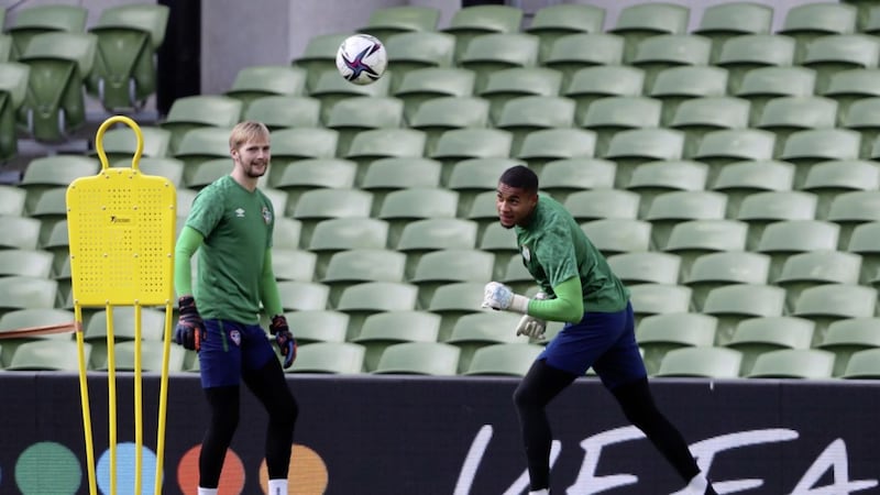 Republic of Ireland&#39;s Gavin Bazunu (right) and Caoimhin Kelleher during a training session. The latter will start against Belgium tonight after Bazunu&#39;s withdrawal 