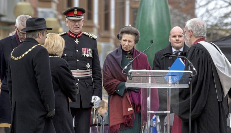 The Princess Royal during the 25th anniversary service of the Warrington bombing, on Bridge Street, attended by the families of victims of the attack, faith leaders and representatives of the British and Irish governments. PRESS ASSOCIATION Photo. Picture date: Tuesday March 20, 2018. See PA story MEMORIAL Warrington. Photo credit should read: Peter Byrne/PA Wire. 