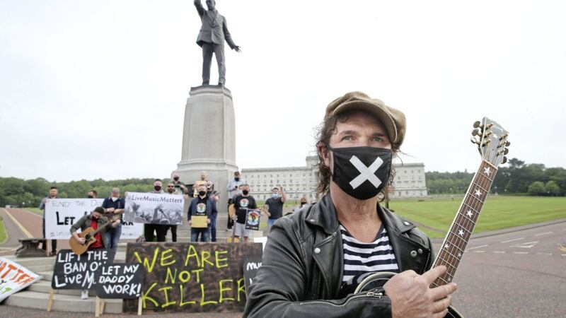 Belfast singer Brian Houston at the Support for Live Music protest at Stormont yesterday. Picture by Hugh Russell 