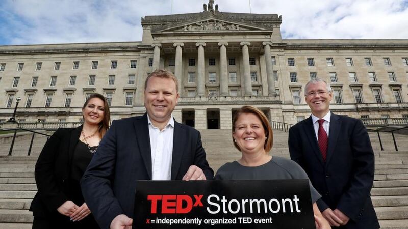 (l-r) Anna-Marie McAlinden, Alastair Ross MLA, Eva Grosman and Richard Donnan at the launch of TEDxStormont 
