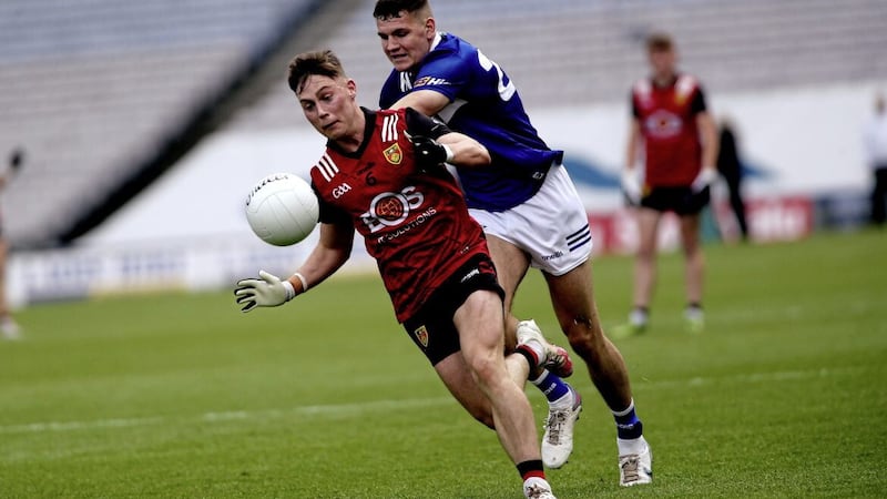 Down coach Mickey Donnelly said that Ceilum Doherty (left) should be OK after going off against Laois due to a head injury. Picture Seamus Loughran 