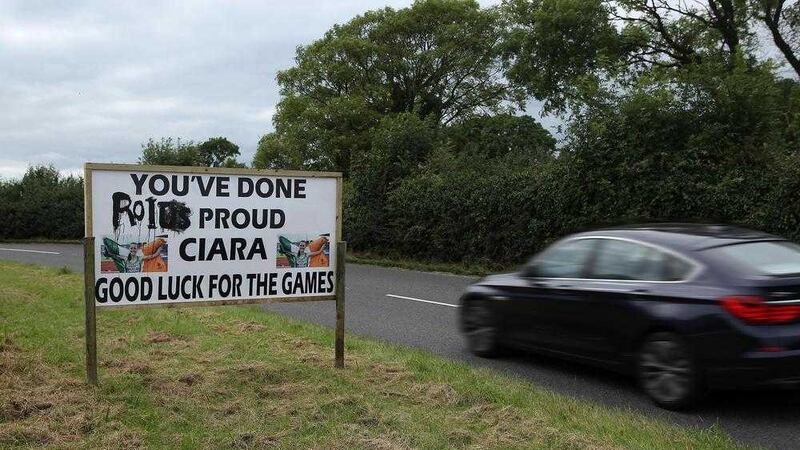 A sign that was erected over the weekend on the Strangford Road to wish Portaferry Olympian Ciara Mageean has been vandalised less than 24 hours later. Picture by Philip Walsh 