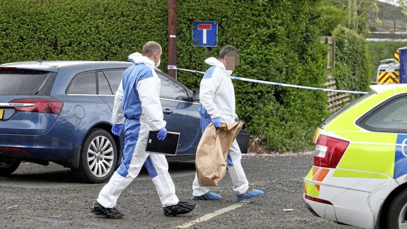 Police and forensics officers at the scene of a sudden death at the Dromore Road near Hillsbourough. Picture by Mal McCann 