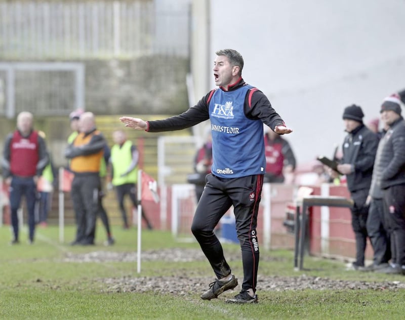 Derry manager Rory Gallagher fires up his team in the final minutes against Louth during the National Football League match at Celtic Park in Derry on Sunday February 23 2020.. Picture by Margaret McLaughlin 