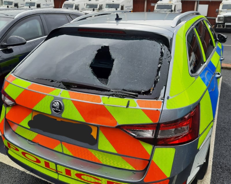 Damage to a PSNI car caused at Falls Park as officers attended on Saturday evening. PICTURE: PSNI