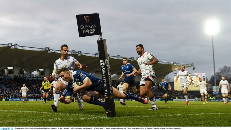 Rory O&rsquo;Loughlin scores his second and Leinster&rsquo;s third try in Saturday&rsquo;s 22-7 PRO12 win over Ulster at the RDS<br/>Picture by Sportsfile