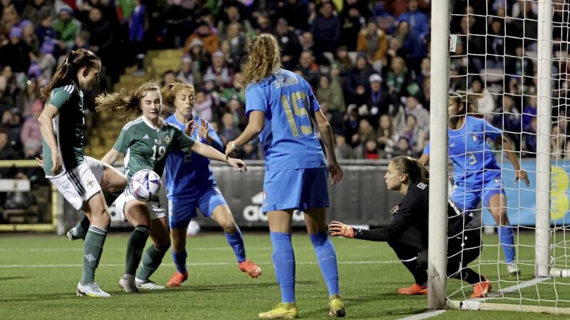 Sarah McFadden (left) scoring the only goal as Northern Ireland beat Italy at Seaview in a Women&#39;s international friendly. Photo by William Cherry/Presseye 