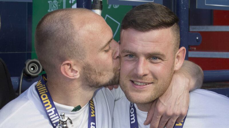 Anthony Stokes (right) pictured celebrating Scottish Cup success with David Gray could be on the way to Rotherham