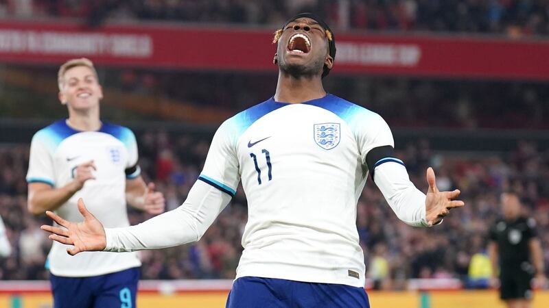 Noni Madueke celebrates as England Under-21s beat Serbia. (Joe Giddens/PA)