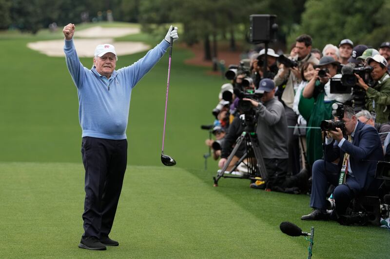 Honorary starter Jack Nicklaus reacts after his ceremonial tee shot on the first hole ahead of the 88th Masters (Charlie Riedel/AP)
