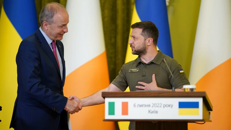 Ukrainian President Volodymyr Zelensky with then Taoiseach Micheál Martin during a joint press conference at the Ukrainian Government Building in Kyiv last July