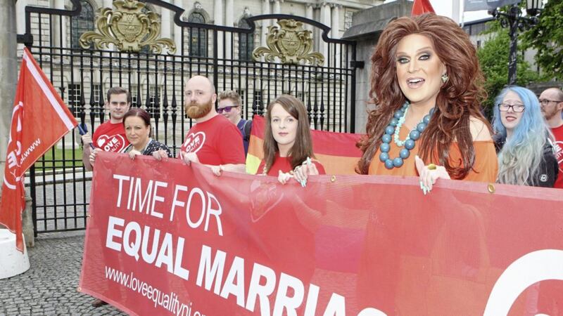 Lord Mayor of Belfast Nuala McAllister joins protesters calling for equal marriage in Northern Ireland. Picture Matt Bohill. 