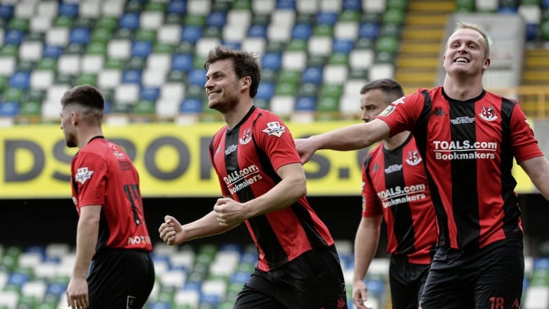 Philip Lowry scored the opening goal for Crusaders at Seaview last night 