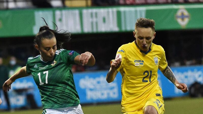 Northern Ireland&rsquo;s Laura Rafferty challenges Ukraine&rsquo;s Tamila Khimich during the Women's Euros play-off second leg at Seaview in April 2021.<br />Pic Colm Lenaghan/Pacemaker&nbsp;