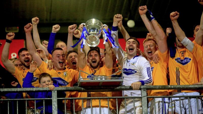 Dromore&#39;s captain Conor O Hara lifts the O&#39;Neill Cuphis team&#39;s win over Coalisland in last year&#39;s Tyrone SFC final Picture : Seamus Loughran 