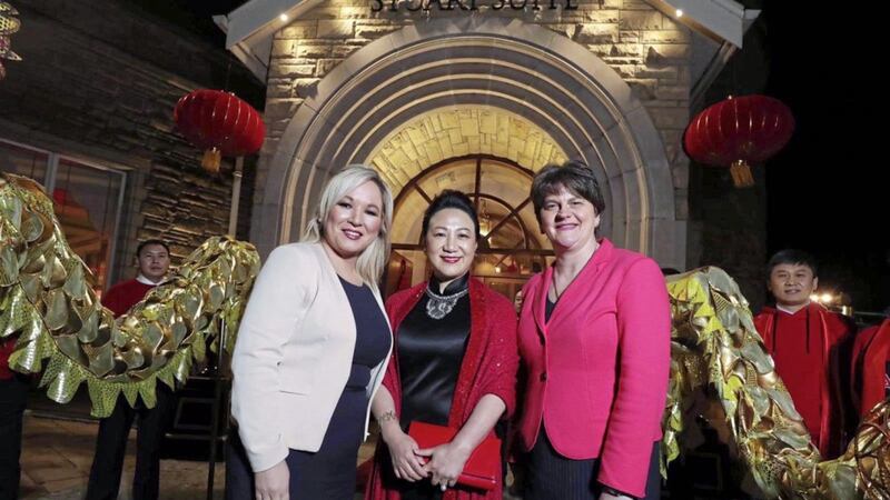 First minister Arlene Foster, pictured right, and deputy first minister Michelle O&#39;Neill, pictured left, insist they were misrepresented in a Chinese Consulate account of their video meeting with Consul General Madame Zhang Meifang, pictured centre 
