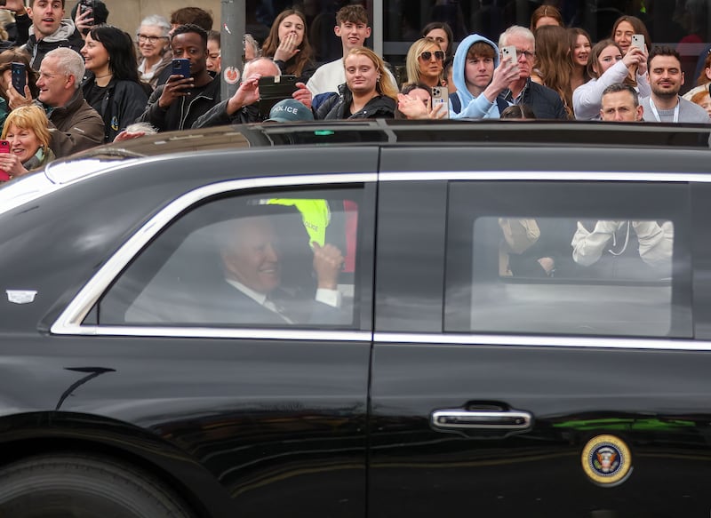 President Joe Biden leaves the Grand Central Hotel to make his way to the Ulster University in Belfast. Picture Mal McCann