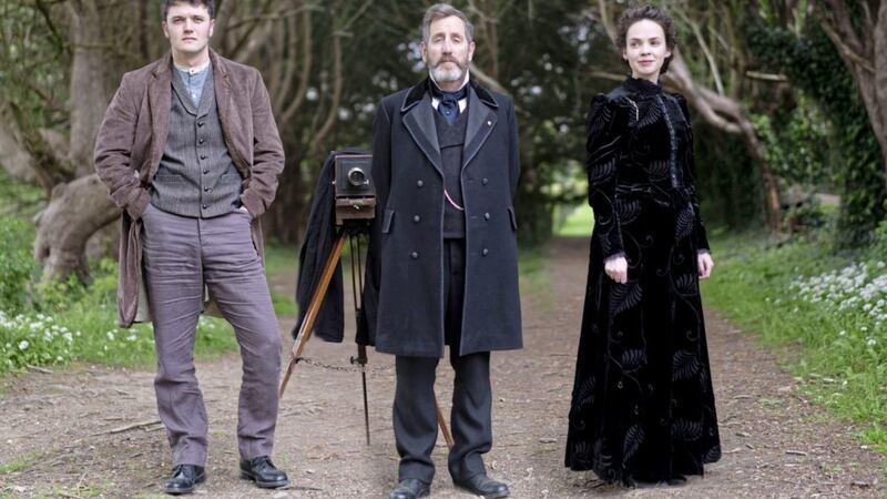 Michael Smiley, centre, in the lead role of Brock Blennerhasset in new RT&Eacute; period thriller Dead Still, with co-stars Bangor-born Kerr Logan and Castlewellan actor Eileen O&#39;Higgins. Picture by Bernard Walsh 