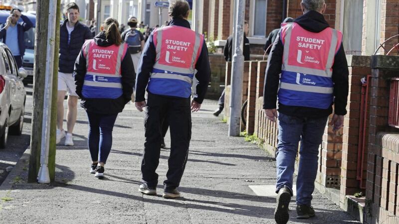 Police, Belfast City Council wardens and student safety officers in the Holyland area of south Belfast in February. File picture by Hugh Russell 