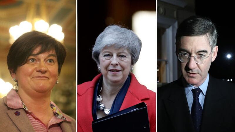 DUP leader Arlene Foster (left) struck a conciliatory tone as British prime minister Theresa May (centre) said Brexit may be delayed. Jacob Rees Mogg was less sensitive to the prime minister's predicament&nbsp;