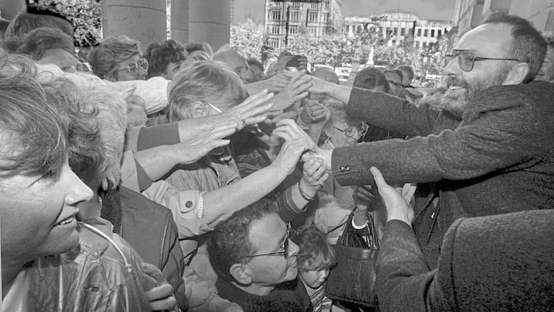 Brian Keenan is mobbed at Belfast City Hall following his return from captivity in Beirut 