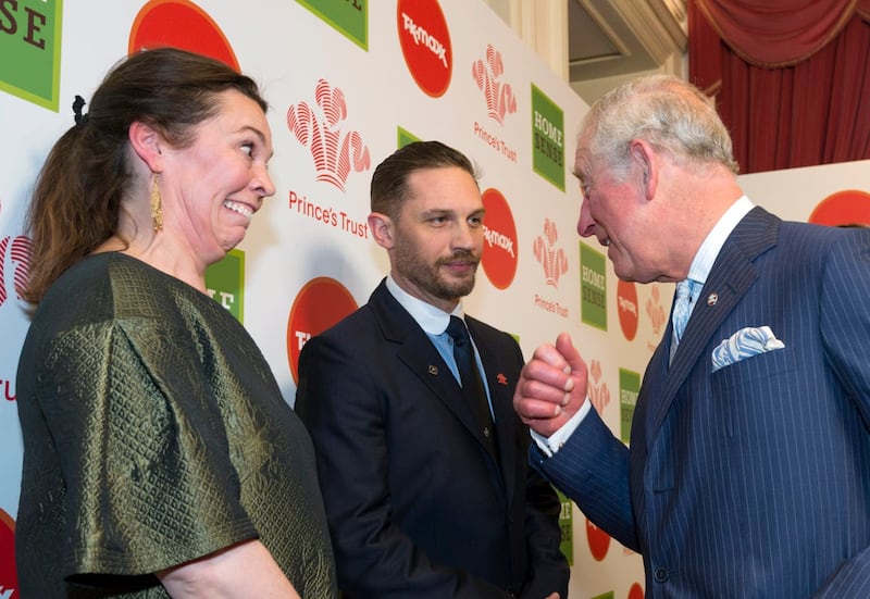 Olivia Colman listens in to the Prince's conversation with Tom Hardy (Geoff Pugh/The Daily Telegraph/PA)