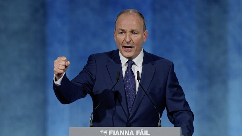 Miche&aacute;l Martin addresses the Fianna F&aacute;il annual conference at the Dublin Royal Convention Centre 