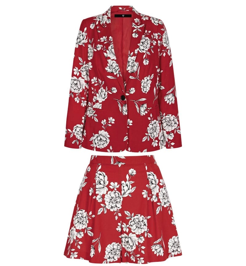V by Very Red Printed Linen Shorts, &pound;16.25 (were &pound;25); Red Floral Printed Blazer, &pound;16.75 (was &pound;42), available from Very