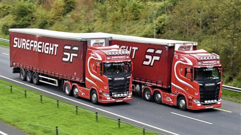 Just two of the fleet of Belfast company Surefreight, one of the biggest firms in Ireland, captured in the book Trucks of Northern Ireland &ndash; Through the Lens 