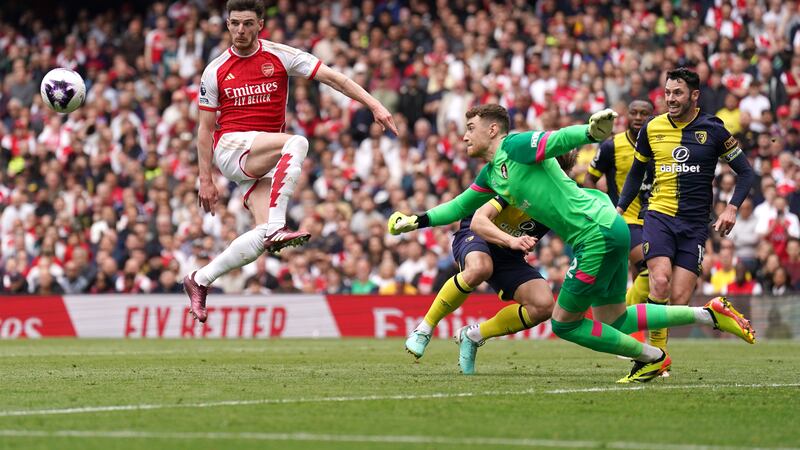 Arsenal’s Leandro Trossard celebrates scoring their side’s second goal of the game during the Premier League match at the Emirates Stadium, London. Picture date: Saturday May 4, 2024.